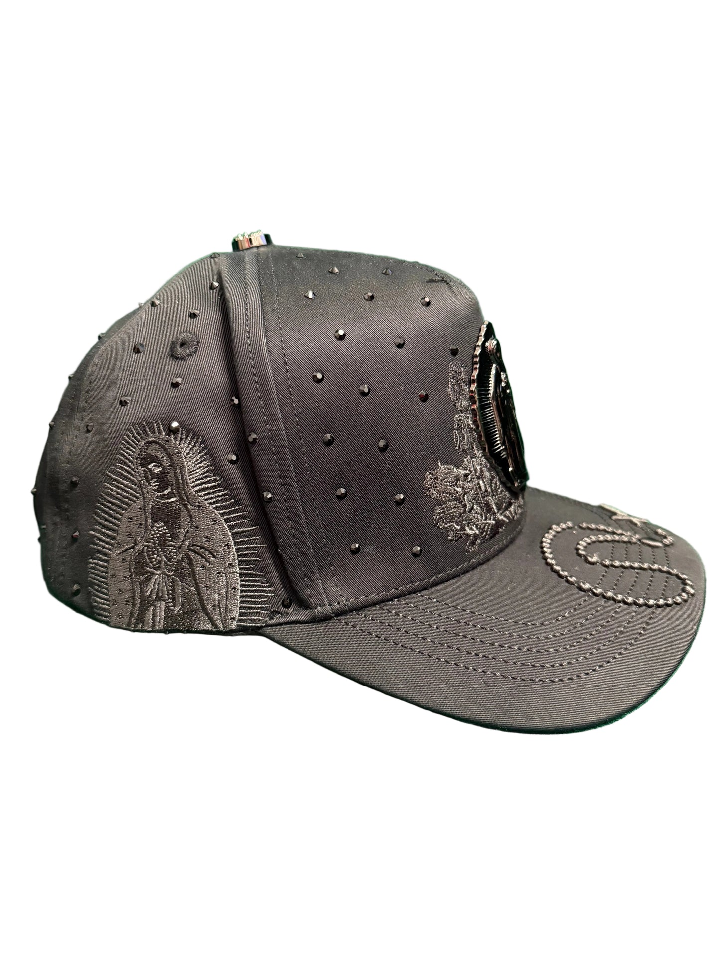 Lamasini Black Rhinestone Virgen de Guadalupe Snapback Cap